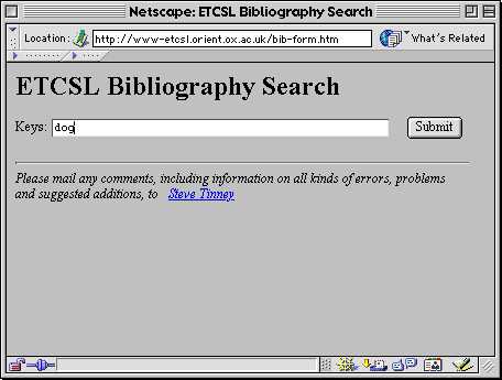 The bibliographical search page with the search term 'dog'.